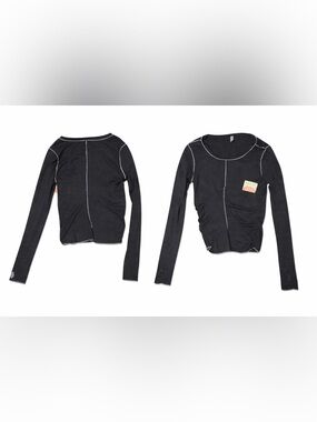 Athleta Heathered Charcoal Long Sleeve Top with Contrast Stitching